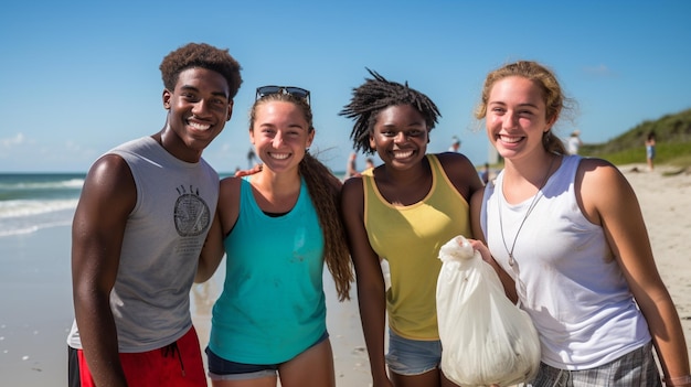 Foto jovens e meninas a reciclar a limpeza da praia a ajudar a comunidade local com viagens sustentáveis