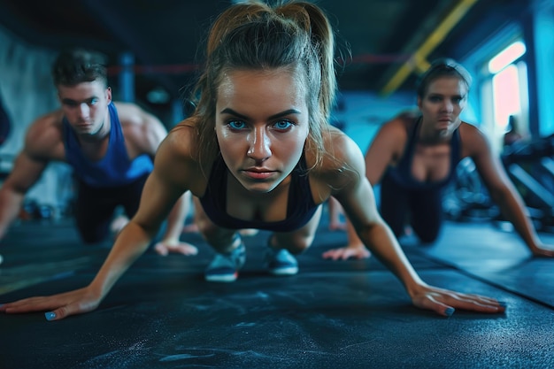 Jovens em forma fazendo flexões em uma academia parecendo focados