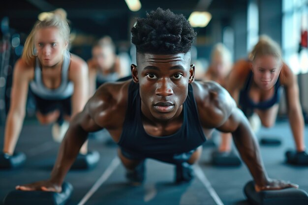 Jovens em forma fazendo flexões em uma academia parecendo focados