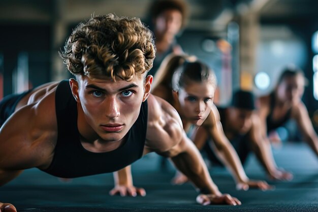 Jovens em forma fazendo flexões em uma academia parecendo focados