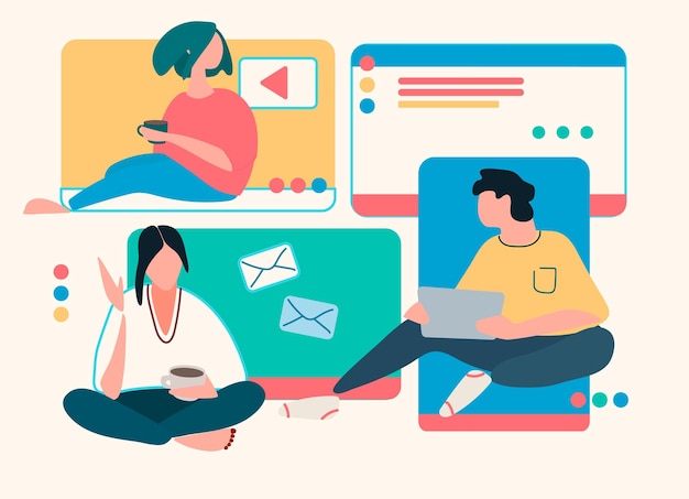 Jovens em frente a uma tela de computador Elemento vetorial isolado de estilo plano