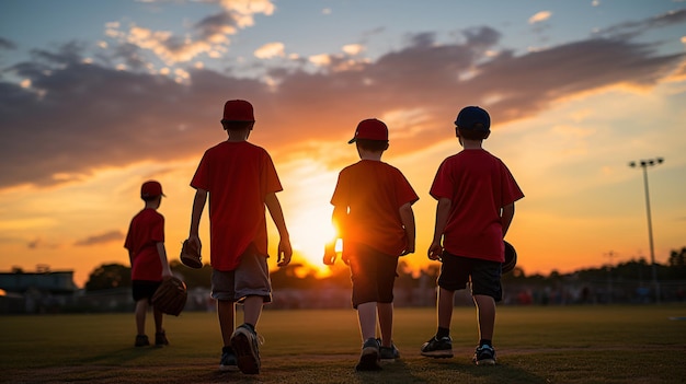 Jovens em um campo de beisebol ao pôr-do-sol