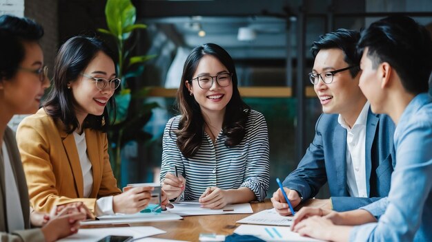 Jovens empresários e empresárias da Ásia encontram-se para discutir novas ideias sobre o projecto.