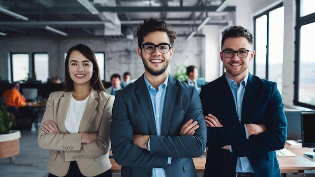 Jovens empresários felizes de pé no escritório e olhando para a frente para o sucesso no escritório