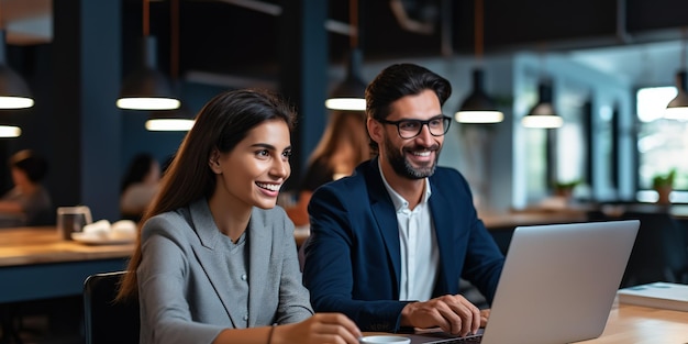 Jovens empresários felizes estão sorrindo enquanto trabalham juntos em um espaço de trabalho moderno