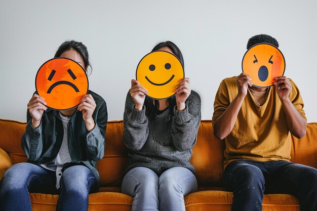 Foto jovens estão sentados no sofá e segurando imagens com emoções na frente de seus rostos