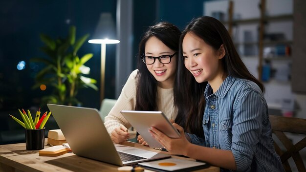 Jovens estudantes financeiras asiáticas assistindo a lição on-line e estudando com laptop e tablet em l