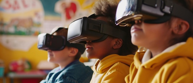 Foto jovens estudantes mergulham em mundos virtuais seus rostos se iluminam de admiração em uma sala de aula transformada pela tecnologia