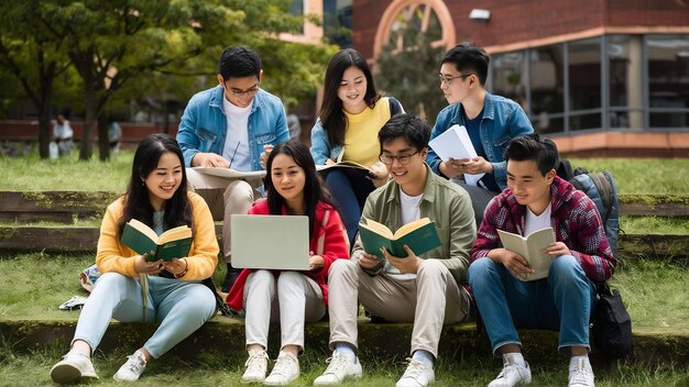 Jovens estudantes universitários asiáticos e indianos a ler livros, a estudar no portátil, a preparar-se para um exame ou um trabalho.