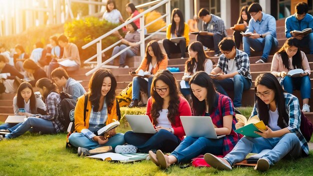 Foto jovens estudantes universitários asiáticos e indianos a ler livros, a estudar no portátil, a preparar-se para um exame ou um trabalho.