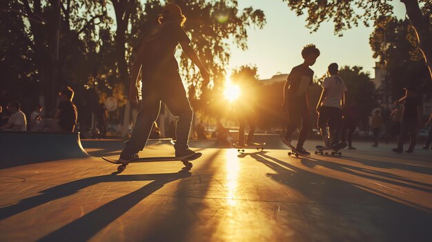 Foto jovens fazendo skate em um parque urbano de skate