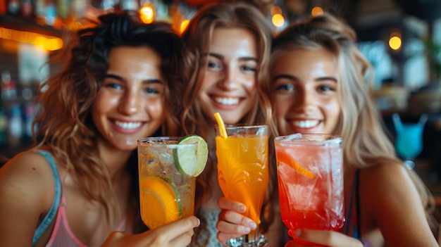 Jovens felizes brindando com bebidas coloridas em um bar