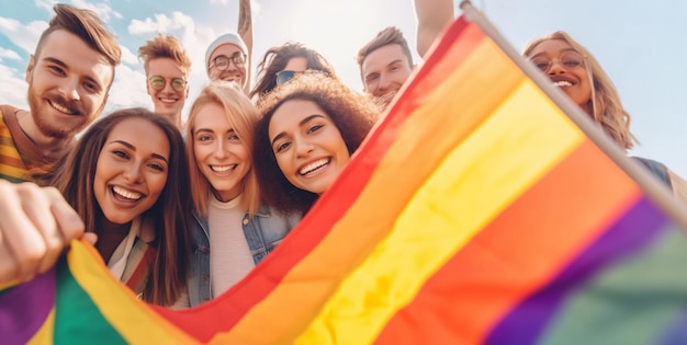 Jovens felizes da comunidade LGBT tirando selfie e segurando a bandeira do arco-íris