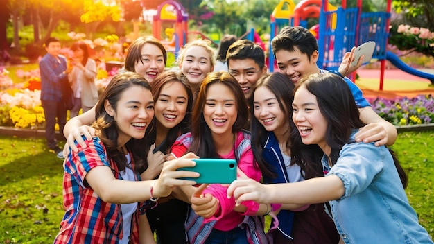 Jovens felizes em companhia de amigos sorridente sentados no parque usando smartphones