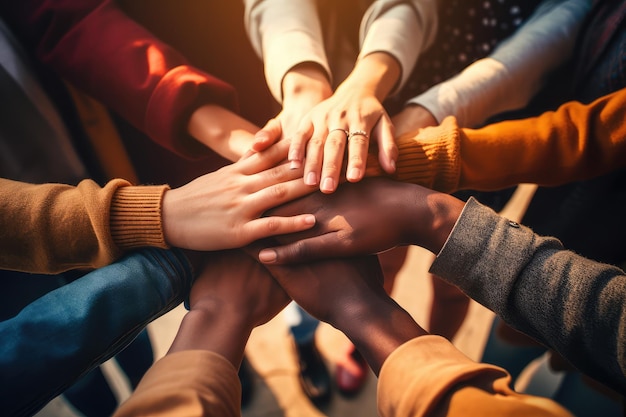 Jovens felizes empilhando as mãos ao ar livre