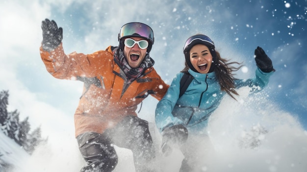 Jovens felizes rindo apaixonados esquiando em montanhas nevadas em uma estação de esqui durante as férias e