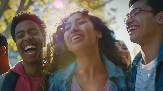 Foto jovens felizes rindo juntos grupo de amigos multirraciais divertindo-se na rua da cidade ia generativa