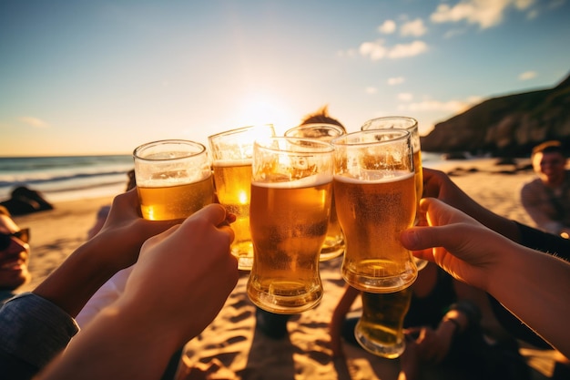 Jovens festeiros brindam com cerveja na praia IA generativa