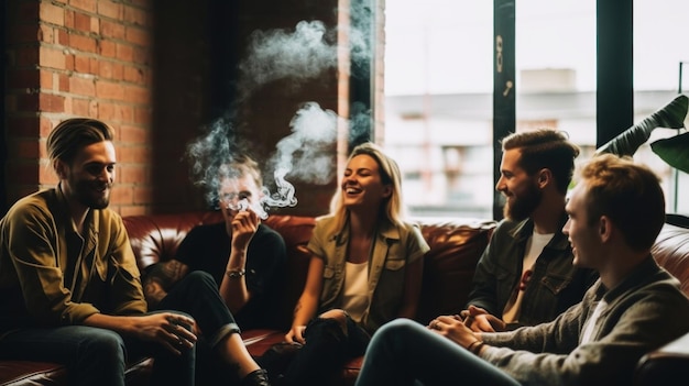 Jovens fumando maconha relaxando com amigos no sofá em casa Generative AI