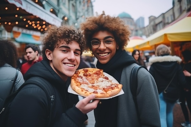 Jovens gays felizes estão a passear pela cidade e a desfrutar de uma pizza deliciosa.