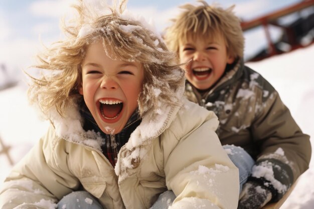 Jovens gostam de andar de trenó em roupas de inverno dos anos 90 durante as férias de Natal