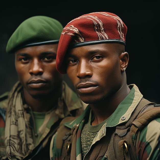 Foto jovens homens africanos fortes em uniforme militar e boinas vermelhas e verdes retrato close-up