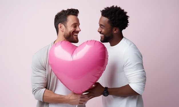 Jovens homens amantes casal com coração rosa balão relação homossexual LGBTQA Dia dos Namorados