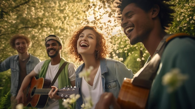 Jovens juntos em um grupo de amigos na primavera