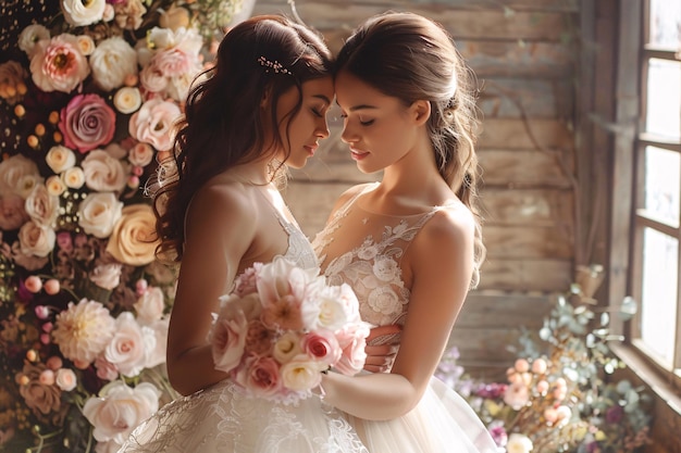 Jovens lésbicas em vestidos de noiva abraçando perto de arcos de flores