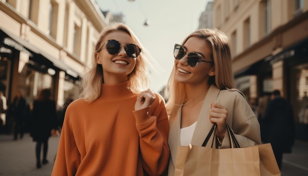 Jovens lindas garotas sorridentes depois de compras bem-sucedidas