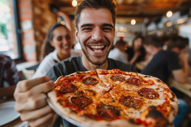 Jovens machos estão conversando comendo pizza excelente e se divertindo Generative Ai