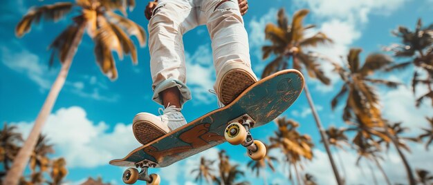 Jovens machos patinando pernas sobre um cenário de palmeiras e uma idílica vibração de verão do céu azul e espaço IA generativa