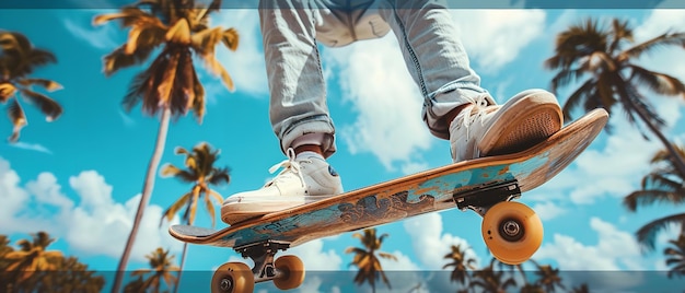 Jovens machos patinando pernas sobre um cenário de palmeiras e uma idílica vibração de verão do céu azul e espaço IA generativa