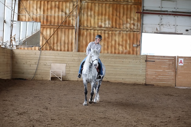 Jovens montados em um cavalo treinando em uma arena de madeira