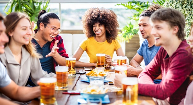 Jovens na moda bebendo cerveja no pátio do bar da cervejaria