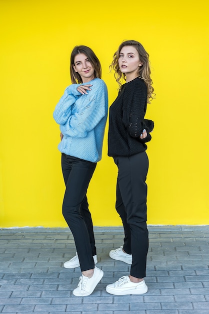 Jovens namoradas posando juntas em suéteres de malha modernos isolados em um retrato de estúdio na parede amarela