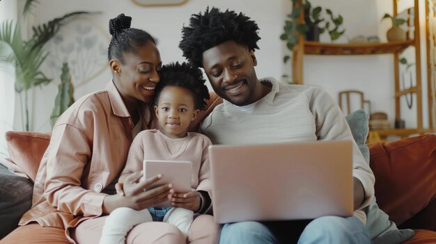 Jovens pais alegres e seu adorável filho relaxando no sofá