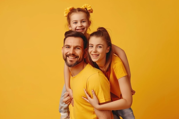 Jovens pais felizes com a filha nas costas posam retrato de estúdio isolado