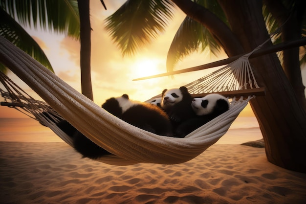 Jovens Pandas em uma rede na praia ao pôr do sol