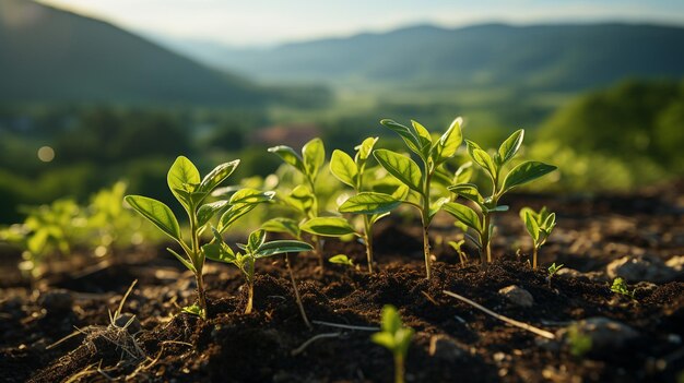 Foto jovens plantas verdes crescem no chão do jardim