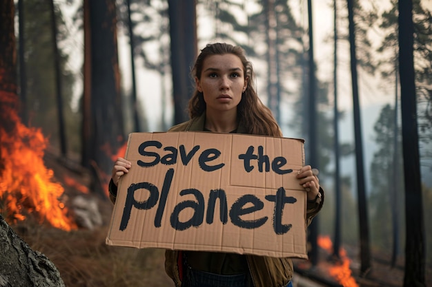 Jovens protestam com uma placa de Salve o planeta próximo a um incêndio florestal