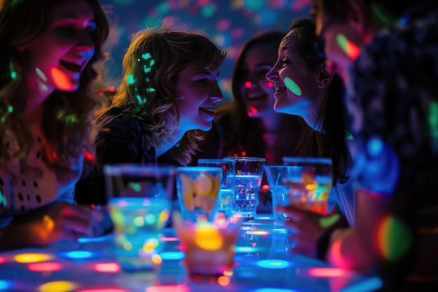 Foto jovens se divertindo em uma festa de aniversário com coquetéis noite de festa luzes de bar vívidas