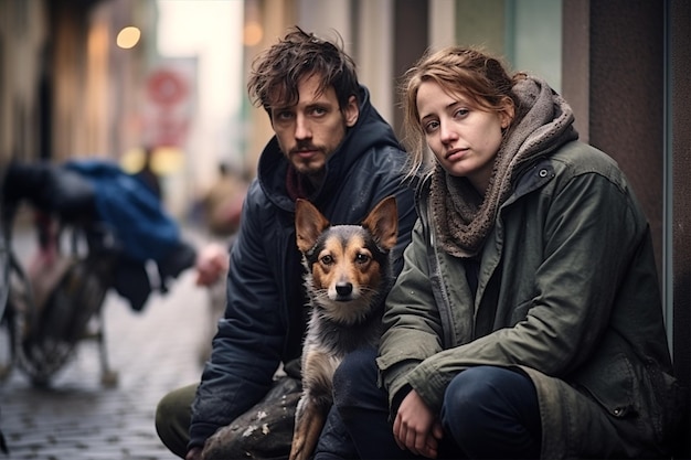 Jovens sem-abrigo com um cão sentados na rua.