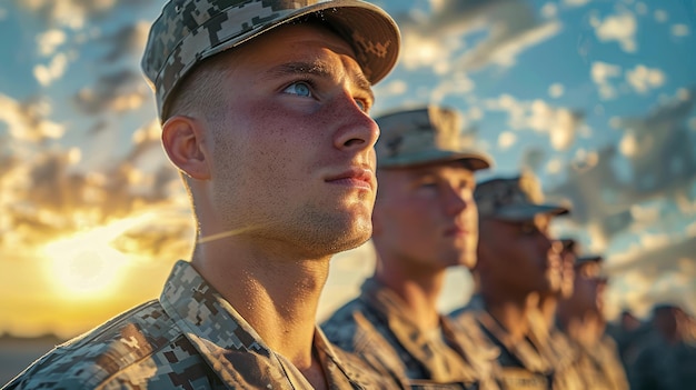 Jovens soldados militares em trajes de camuflagem em atenção ao pôr-do-sol com foco em