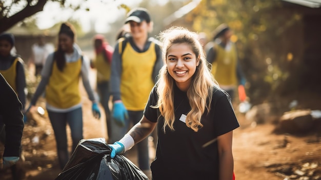 Jovens trabalhadores voluntários gostam de fazer limpeza de caridade ao ar livre e projetos de triagem de lixo como um grupo IA geradora