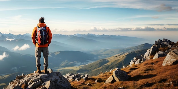 Jovens turistas com mochilas apreciando a vista da montanha gerada por IA