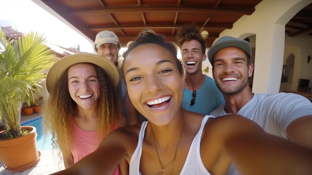 Jovens turistas de diferentes raças estão desfrutando de sua estadia em um albergue enquanto reservam férias de verão