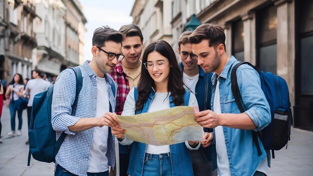 Foto jovens turistas, homens e mulheres, estão tentando entender onde estão usando um mapa.