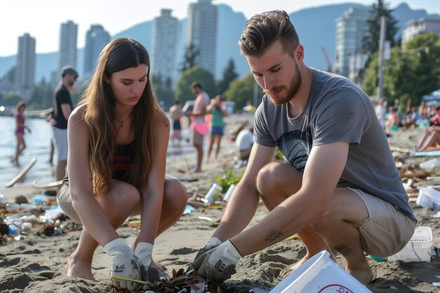 Jovens voluntários limpando o lixo na praia da cidade