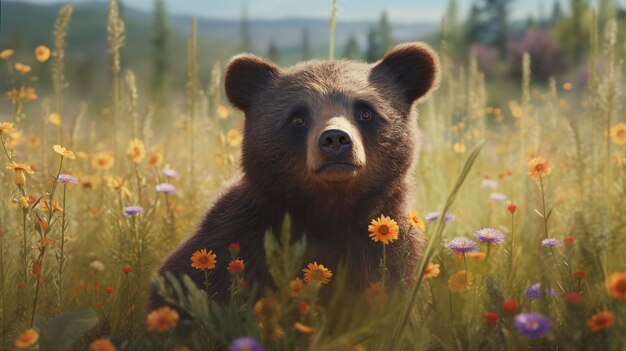 Foto un jovial cachorro de oso en un campo de flores silvestres generado por la ia